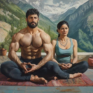 Hyperrealism art style,A muscular beefy sweaty  man and his 50-y...