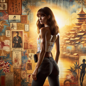 Athletic Thin skinny Attractive, Asian teenage girl, long brown hair and bangs, wearing tight skinny jeans and a halter top paint marks on her clothing, heroic pose Asian graffiti background, backside view