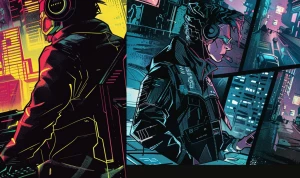 Chronicles
Cyberpunk comic page with a layered panel design: 1)...