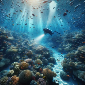 A scuba diver swimming through an underwater cave, their flashli...