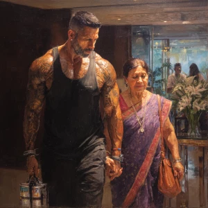 Hyperrealism,sharp painting,A sweaty tattoed muscular  man walki...