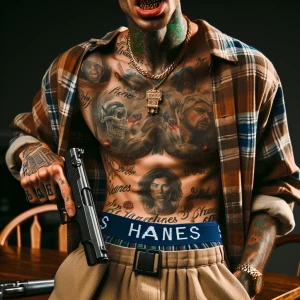 A shirtless man with tattoos on his chest and arms, wearing khak...