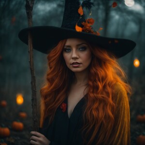 Light ginger haired female dressed as witch