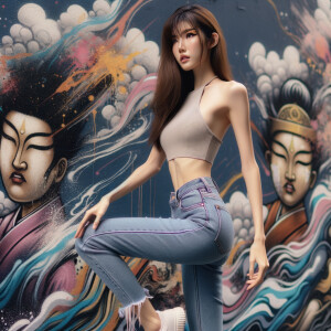 Very thin Athletic Thin skinny Attractive, Asian teenage girl, long brown hair and bangs, wearing tight skinny jeans and a halter top paint marks on her clothing, sitting side view heroic pose Asian graffiti