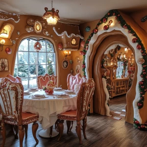 Create a gingerhouse themed dining room, cute, warm, whimsical,...