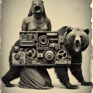 "A grainy, low-resolution security camera photo capturing a biza...