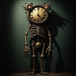 Visualize an eerie, anthropomorphic clock standing in a shadowy...