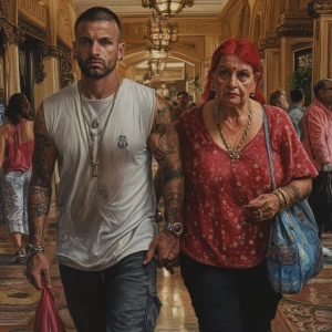Photorealism,A sweaty tattoed muscular  man walking with his 54...