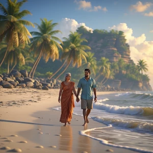 Man walking with his mother in law on goa beach