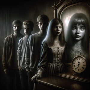 Four teenagers are standing in a dark gloomy room. The figure of...