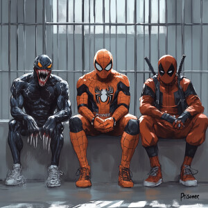 This image shows three superhero characters, namely Venom, Spide...