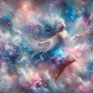 A resplendent nebula navigator dances among shimmering stars, he...