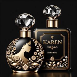 Design a fancy, black and gold bottle of perfume in the shape of a woman’s body. With a golden diamond top, flowers pearls and Diamonds in the name, Karen