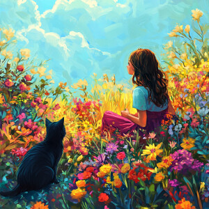 a beautiful young girl sitting with cat in colorful garden