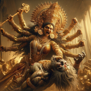 portrait of angry looking goddess durga pinning mahishasur to the ground. She is wearing gold armor, a huge gold crown, gold saree, abundant  gold jewelry, covered in blood. The scene is set in ancient India. The image is 8K resolution, photography, cinematic, ultra detailed face and epic