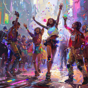 Black People partying in the futuristic utopia