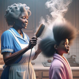 Create a realistic 3-D image of an african-American grandmother wearing a blue house dress and a white apron . She is in the kitchen with her african-American granddaughter. Her granddaughter is wearing a pink bath robe. The grandmother has a hot comb in her hand and she is straightening her granddaughters hair. One side of her granddaughters hair is in  a Afro the other straight 
There is smoke coming from the hot comb
The granddaughter is making a face as if to say grandma that hurt