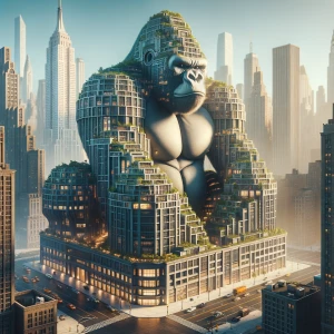 Create a 3D image of a building designed in the shape of a goril...