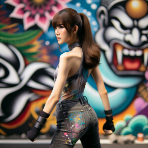 Attractive, Asian teenage girl, long brown hair and bangs, wearing tight skinny jeans and a halter top paint marks on her clothing, backside view heroic pose Asian graffiti