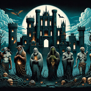 7 deadly sins in front of a undead castle