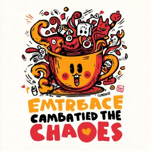Cartoon coffee cup overflowing with whimsical chaos, swirling st...