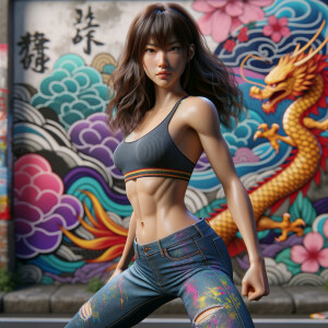 Athletic Thin skinny Attractive, Asian teenage girl, long brown hair and bangs, wearing tight skinny jeans and a halter top paint marks on her clothing, heroic pose Asian graffiti background