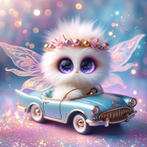 Imagine a whimsical, fluffy creature with large, sparkling purpl...