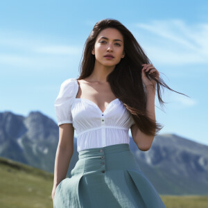 Capture the elegance of a fair-skinned woman with dark long hair...