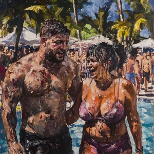 painting,a muscular beefy sweaty man  walking with his 50 years...