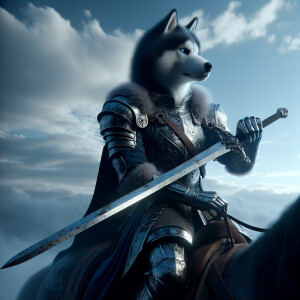 Create a realistic picture of a humanoid husky as a swordsman an...