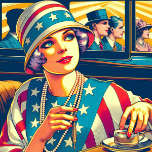 A retro 1920 illustration of an American woman, in the style of...