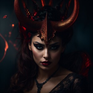 Create an image of an alluring female demon with striking featur...