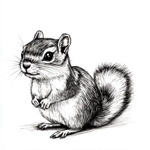 A cute chipmunk looking forward, with his body sideways showing...