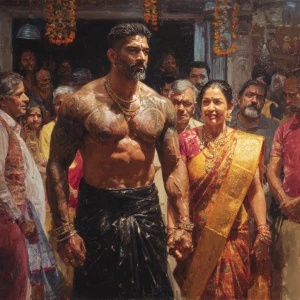 realism oil painting .a muscular beefy sweaty tattoed indian man...