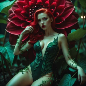 A stunningly seductive Dahlia Valentina (dahliaValentina_ai fit tall supple well endowed tanned Italian American model woman) with fiery red hair, cascading in soft waves, dressed in an intricately detailed, deep green, leaf-textured bodysuit that clings to her curves. She is seated gracefully inside a giant blooming dahlia flower, its deep red and velvety petals unfolding around her like a throne of nature. Her piercing emerald-green eyes glow with an enchanting allure, and her full lips are painted a bold crimson. A few delicate vines wrap around her arms and legs, adorned with small glowing blossoms. The scene is bathed in a warm, ethereal light, casting a soft glow on her flawless, porcelain skin. Her posture is both powerful and inviting, one hand delicately caressing a petal while the other rests on her thigh. The background features a dreamlike botanical setting, with massive bioluminescent leaves and an aura of mystical, untamed nature. The composition is framed to capture her dominance and sensuality, blending elements of high fantasy and sultry glamour. The image has a cinematic, editorial quality, with rich details and a luxurious, velvety texture that brings out the vivid colors of the dahlia and her outfit. She exudes an intoxicating mix of seduction, danger, and botanical magic—the true essence of Poison Ivy reimagined in Dahlia’s world.”