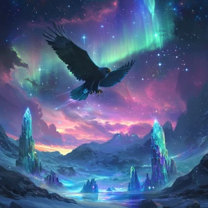 A cosmic eagle soaring over a vast nebula landscape, with floati...