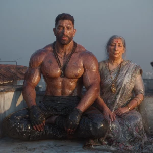 Hyperrealistic image,A man muscular beefy sweaty doinga yoga sit...