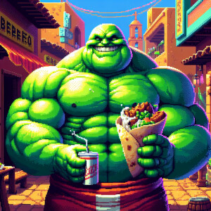 A humorous and surreal image depicting an obese, overweight hulk...