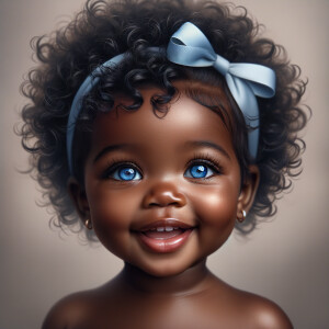 "Create a digital portrait of an adorable african-American baby girl with a joyful expression. Her big, bright blue eyes are wide with wonder, and her tiny mouth is shaped in a happy grin. Her skin has a warm, honey-brown tone, and she has an abundance of curly black hair, playfully tied up with light blue bows. The background is soft and neutral to keep the focus on her delightful features. The portrait should be vibrant and heartwarming, celebrating the innocence and charm of childhood."