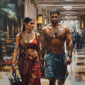 Realism.A sweaty man walking with his mother in law with noseri...