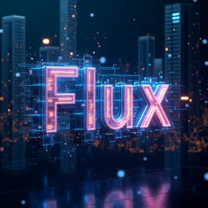 A futuristic and visually striking ["Flux Dev" text ] The text appears to be constructed from glowing neon circuits, holographic energy, or liquid metal, seamlessly blending into a cybernetic, AI-driven environment. Surrounding the text are dynamic digital elements—floating data streams, pulsating energy grids, and a soft ambient glow that enhances the futuristic feel. The background features a high-tech cityscape or an abstract digital interface, reinforcing the advanced AI and innovation behind Flux Dev