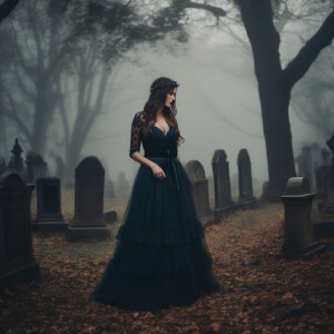 The wench in an old foggy cemetery  deep in the forrest