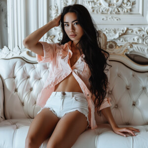 Capture the elegance of a fair-skinned woman with dark long hair...