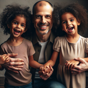 A Puertorican father, with a receding hairline, is holding the h...