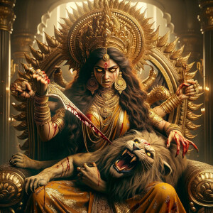 portrait of angry looking goddess durga sitting on a gold crown and carrying a weak mahishasur on her lap and stabbing him with her amazingly long fingernails. She is wearing gold armor, a huge gold crown, gold saree, abundant  gold jewelry, covered in blood. The scene is set in ancient India. The image is 8K resolution, photography, cinematic, ultra detailed face and epic