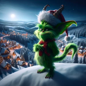"Create a mischievous, festive character resembling the Grinch f...