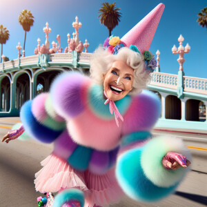 An elderly woman roller skating on a sunny day, wearing a colorf...