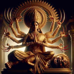 portrait of angry looking, four-armed indian goddess  sitting on a gold crown and carrying a weak mahishasur on her lap and poking his abdomen with her two hands with amazingly long red fingernails . She is wearing gold armor, a huge gold crown, gold saree, abundant  gold jewelry, covered in blood. The scene is set in ancient India. The image is 8K resolution, cinematic, photography, ultra detailed face and epic.