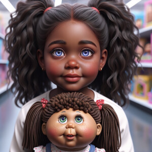 Create a 3-D realistic image of an African-American little girl above the age of five she has huge, blue eyes and thick long ponytails.
She is in a toy store and she is playing with her favorite african-American Cabbage Patch doll , the doll has deep, dimples and freckles