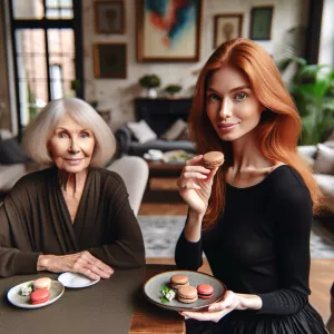 A 45-year-old long ginger-haired Caucasian petite woman wearing...